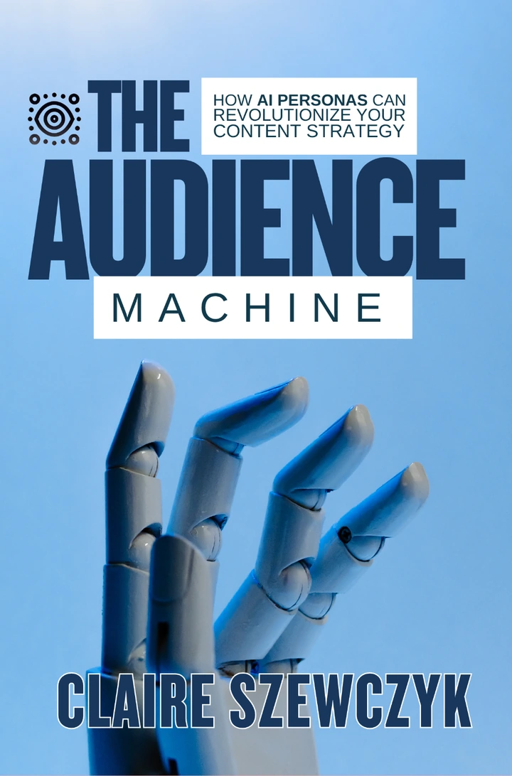 Front cover of The Audience Machine, by Claire Szewczyk, featuring a blue-lit robotic hand