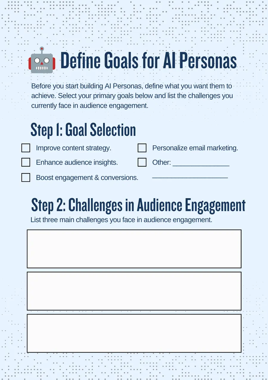 Audience Machine workbook page for defining AI persona goals
