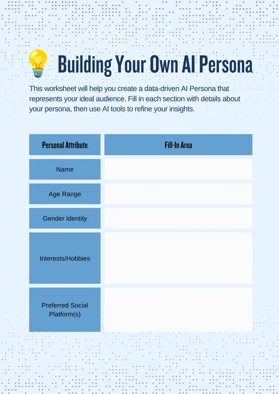Audience Machine workbook page for building an AI persona