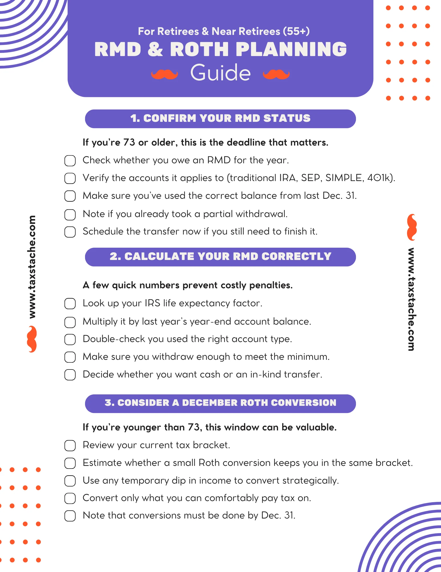 TaxStache RMD and Roth planning guide