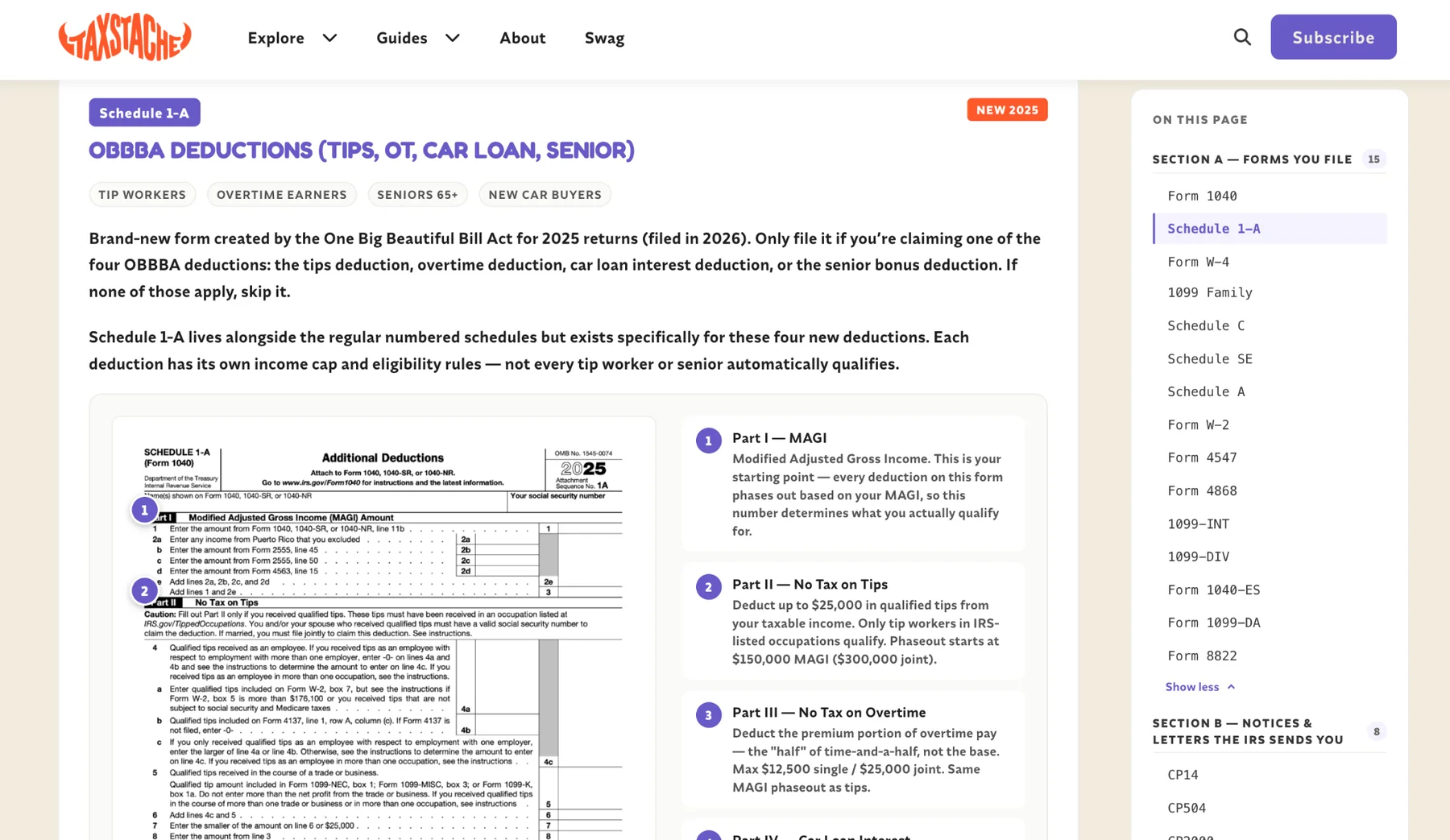 TaxStache forms and notices reference tool explaining Schedule 1-A