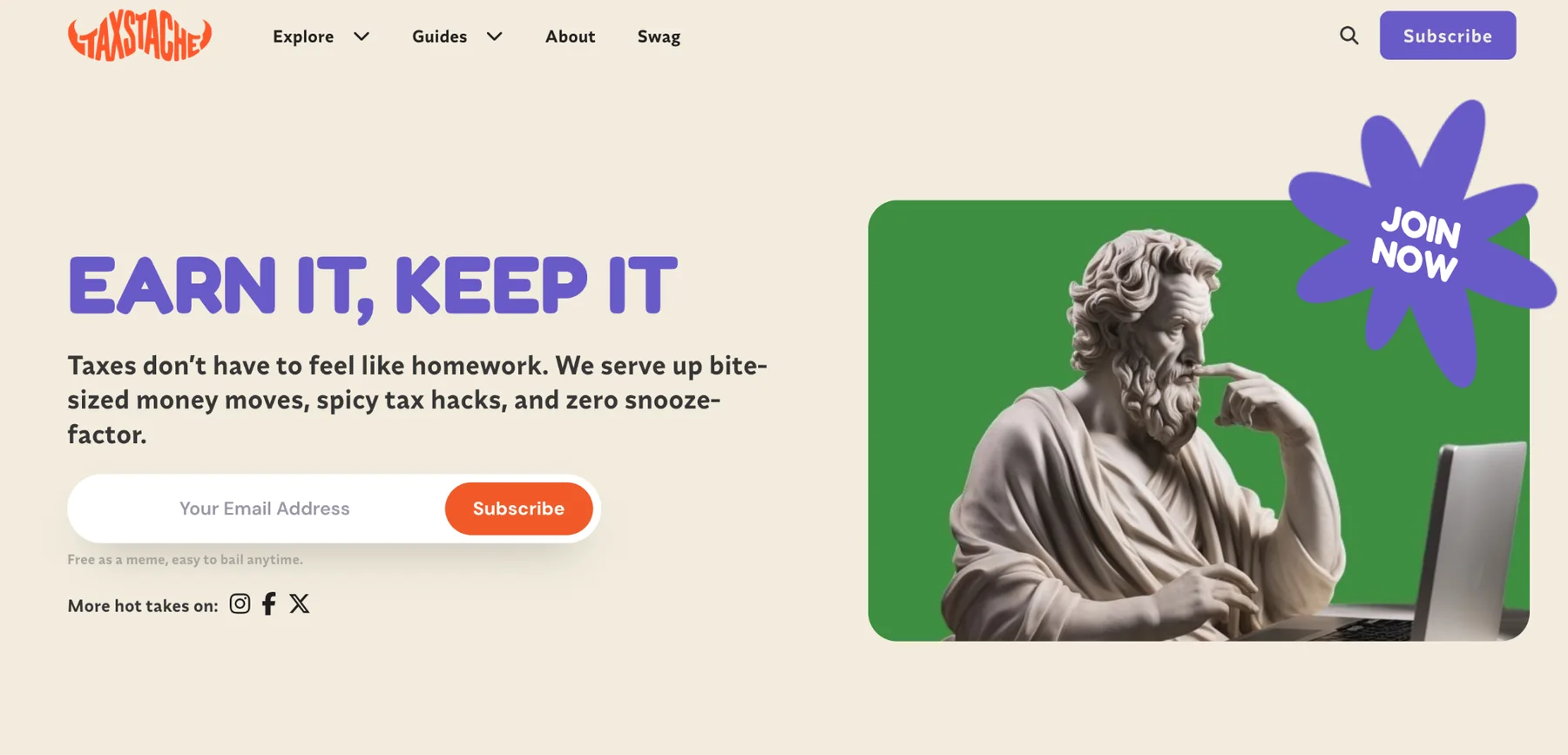 TaxStache homepage showing its Earn It, Keep It positioning and newsletter signup