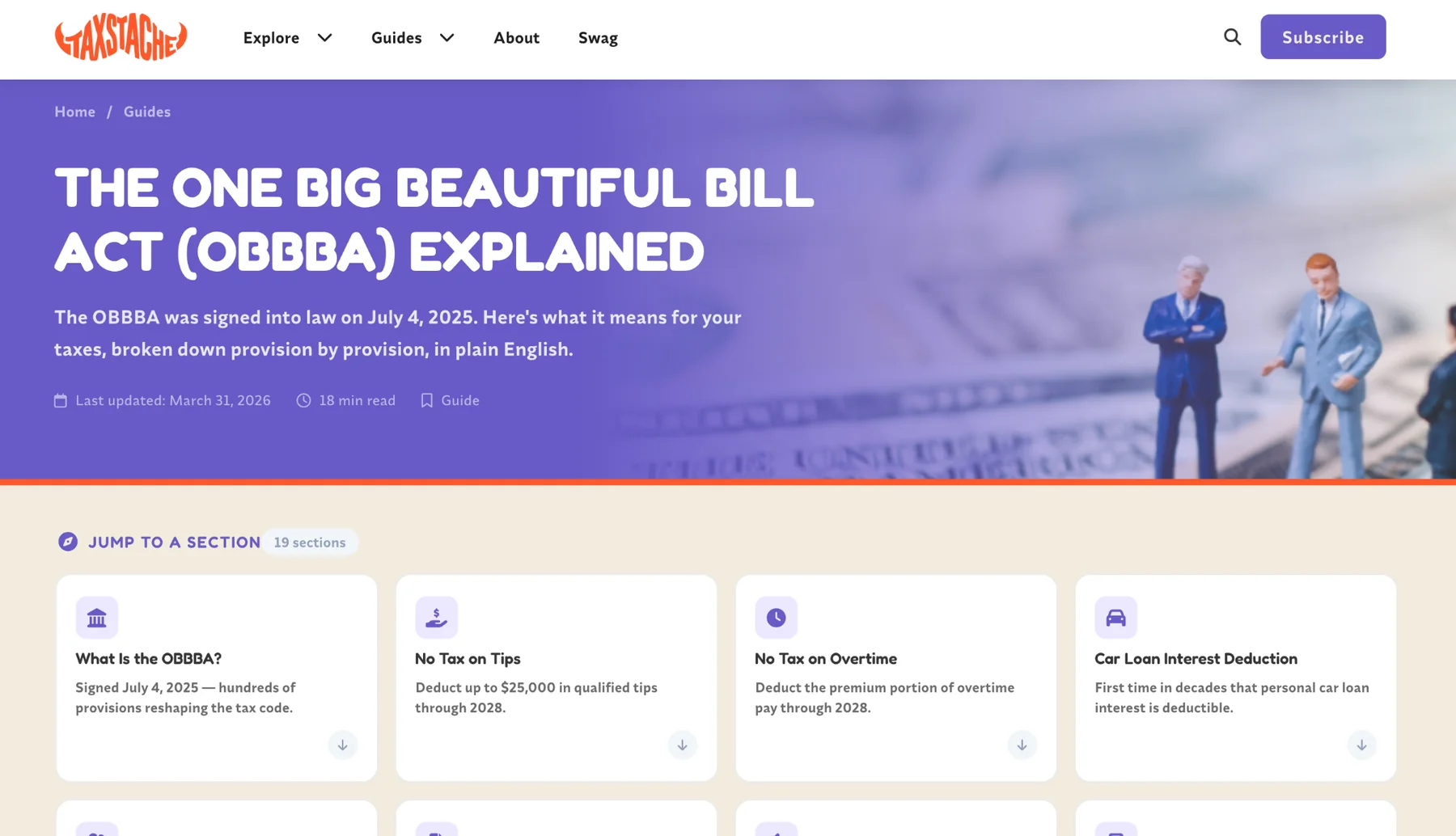 TaxStache One Big Beautiful Bill Act guide with section cards