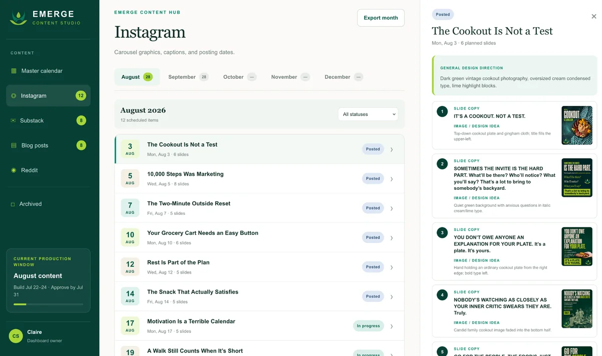 Content Review Calendar — actual Emerge content-calendar prototype with Instagram planning and slide notes.