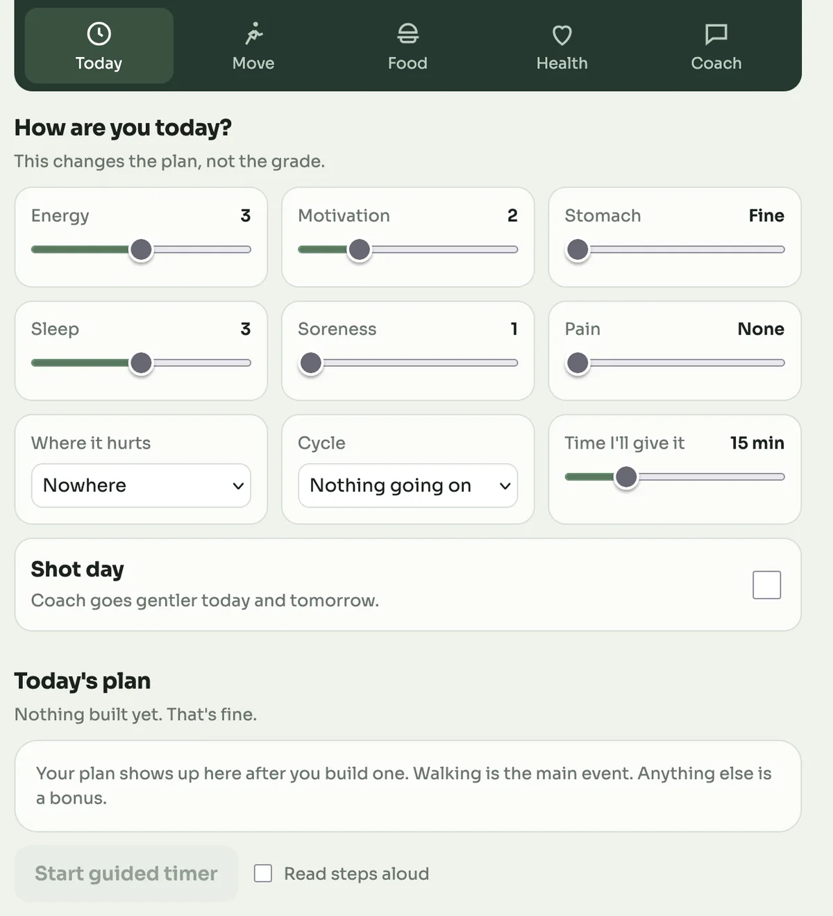 Exercise Tool — actual personal prototype showing daily check-ins and plan-building controls.