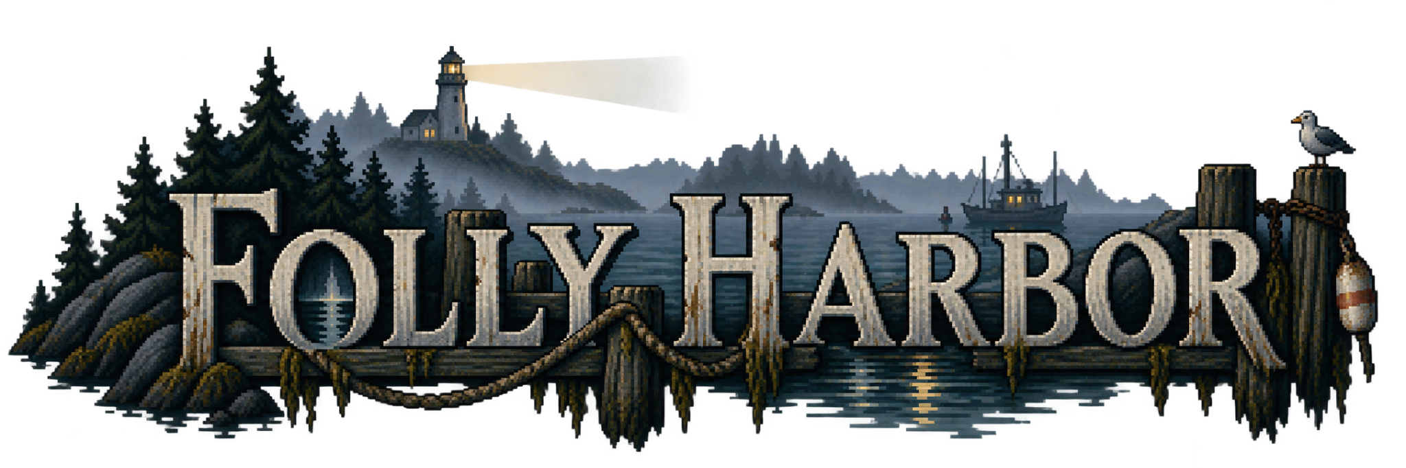 Folly Harbor logo showing a lighthouse, harbor, dock posts, and the game title in pixel-art style.