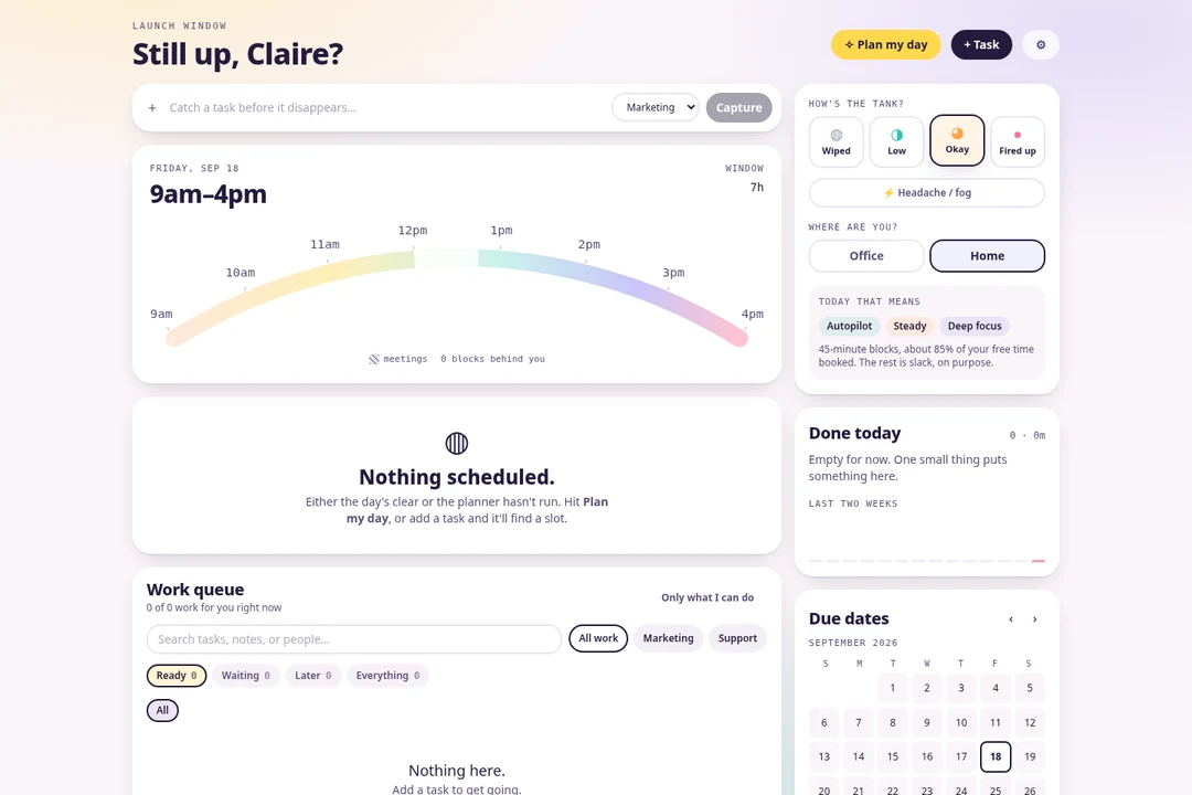 Launch Window — actual earlier saved prototype, shown with an empty local workspace. The current live planner may differ.