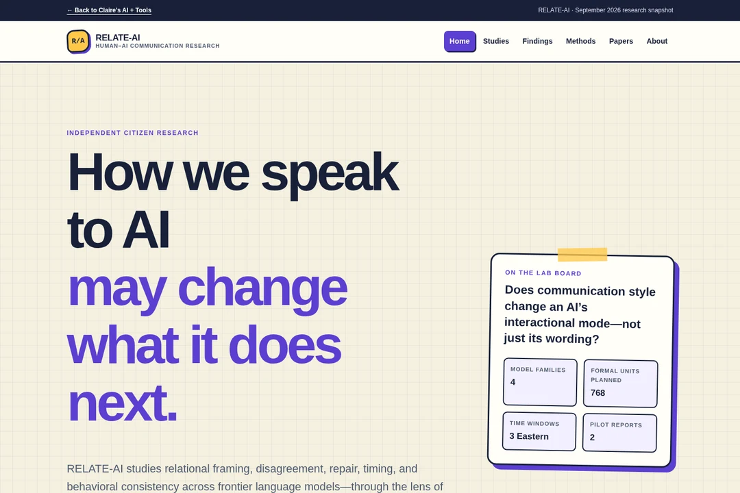 RELATE-AI — actual research notebook homepage from the portfolio package. Planned sample sizes are not completed results.