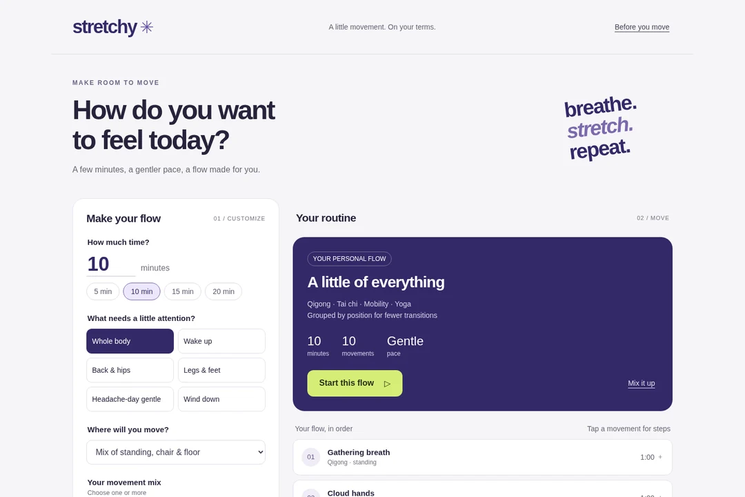Stretchy — actual earlier saved prototype with an example routine. The live tool may differ.