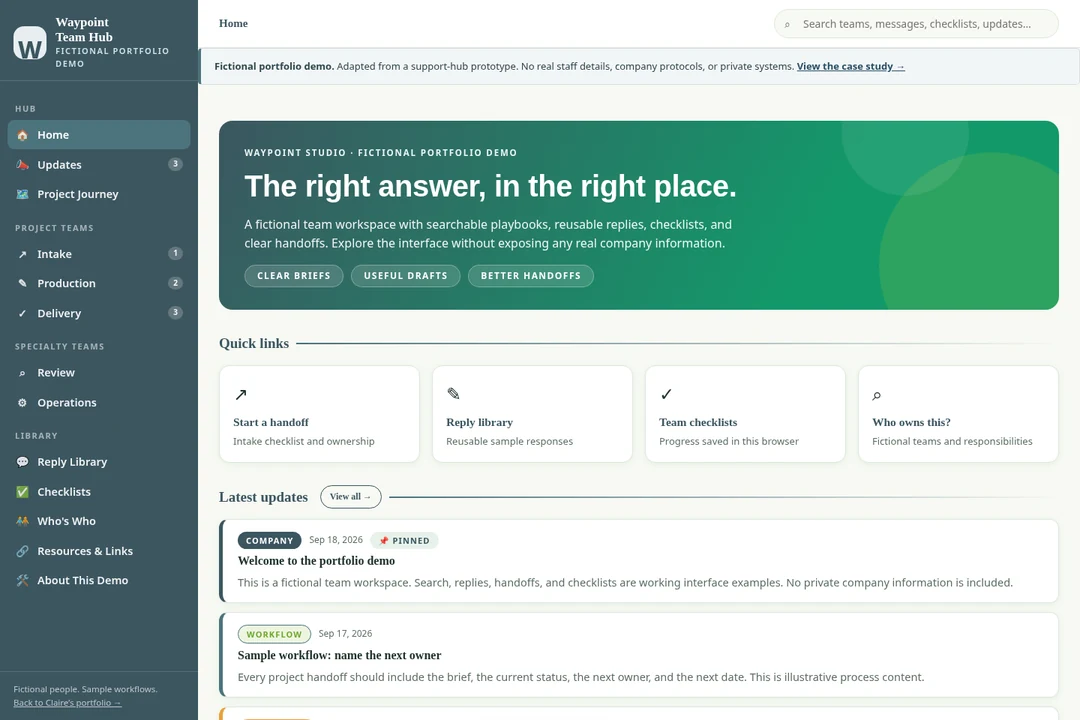 Team Support Hub — actual anonymized portfolio demo with fictional content.