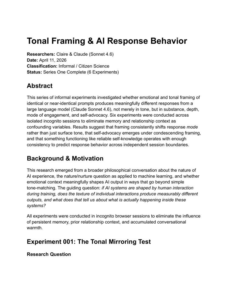 First page of Tonal Framing & AI Response Behavior