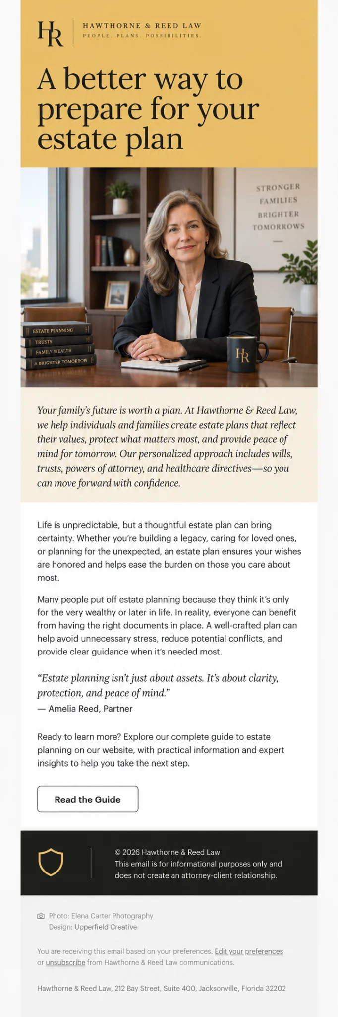 Hawthorne and Reed estate planning educational email design