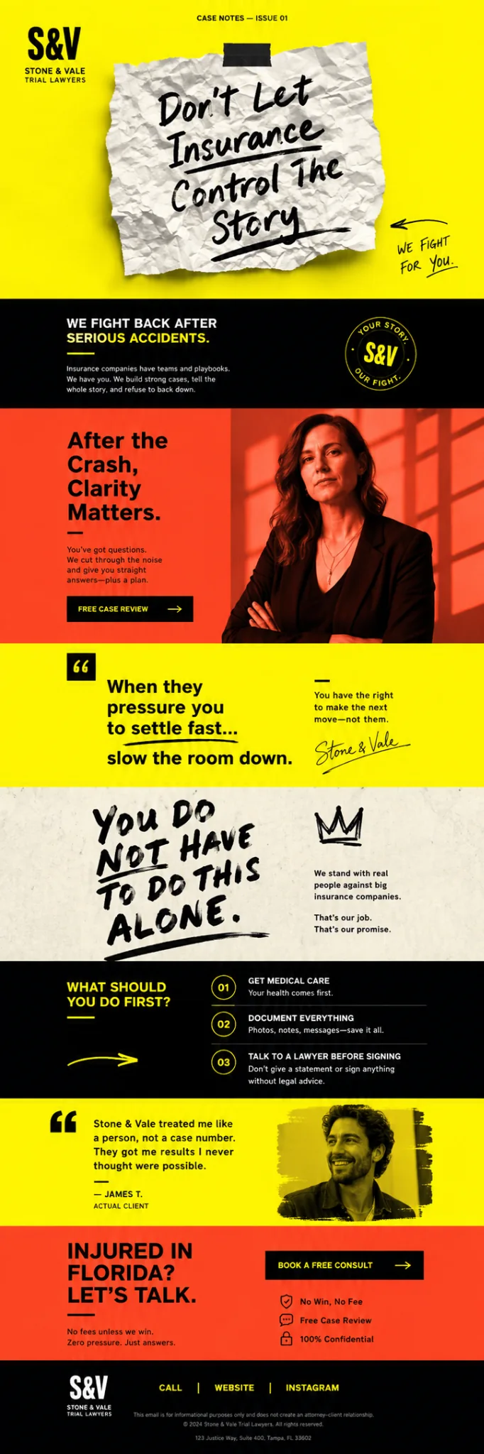 Bold yellow, black and orange trial-lawyer email design